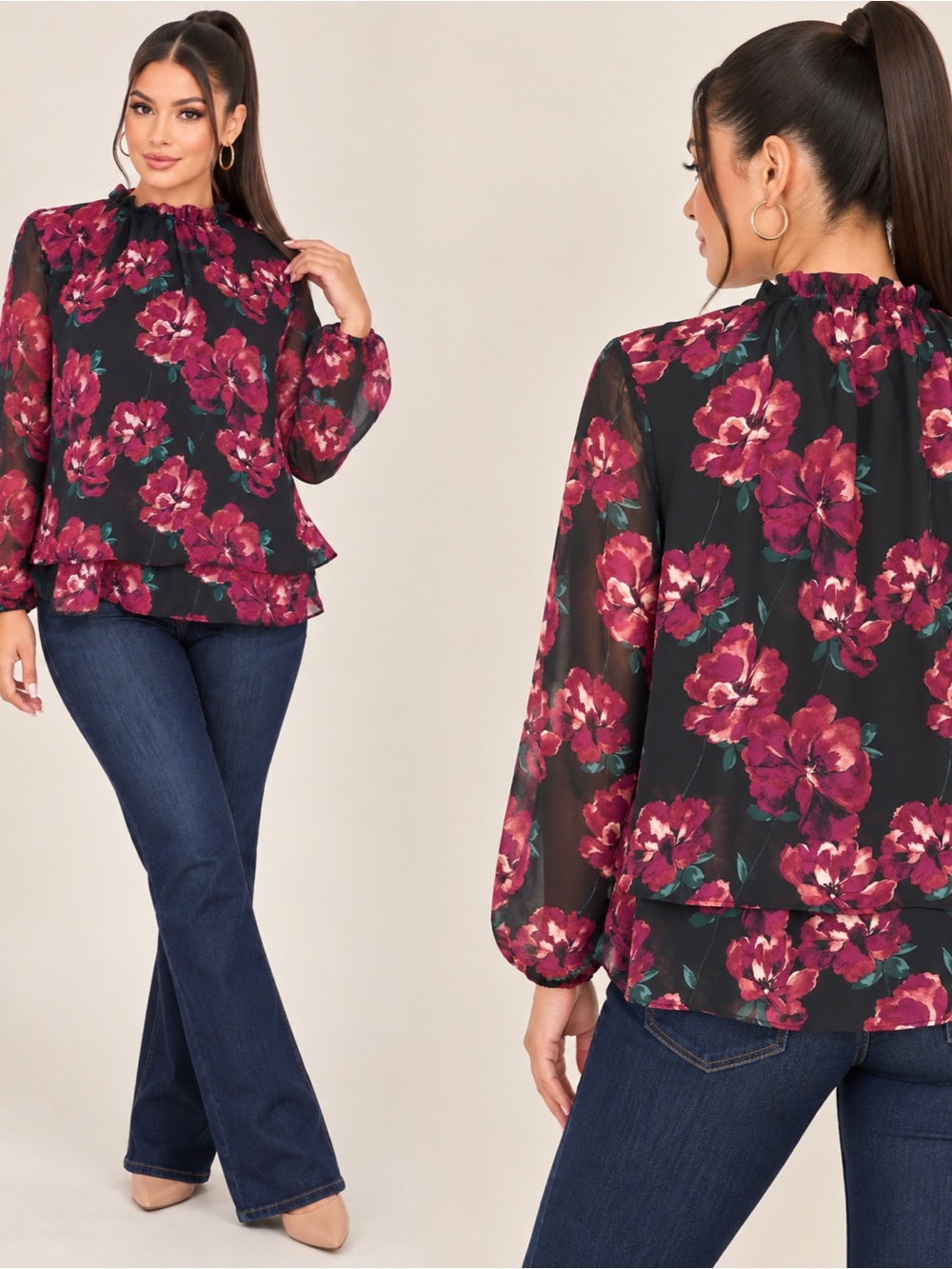 Anne Klein Black Floral Ruffle-Hem Long Sleeve Blouse